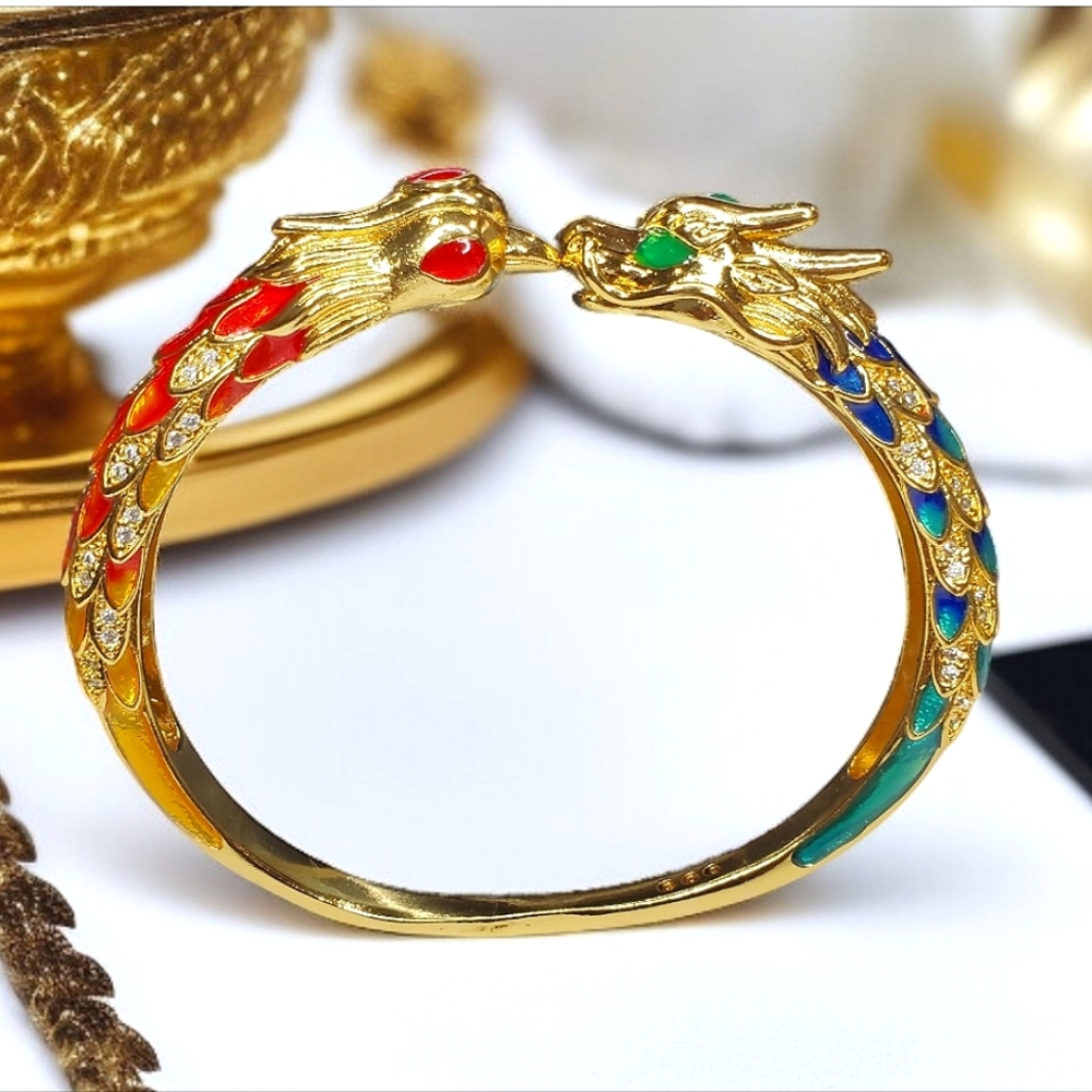 18k Gold Plate Ornate Dragon & Fiery Phoenix Enamel Cuff Bracelet